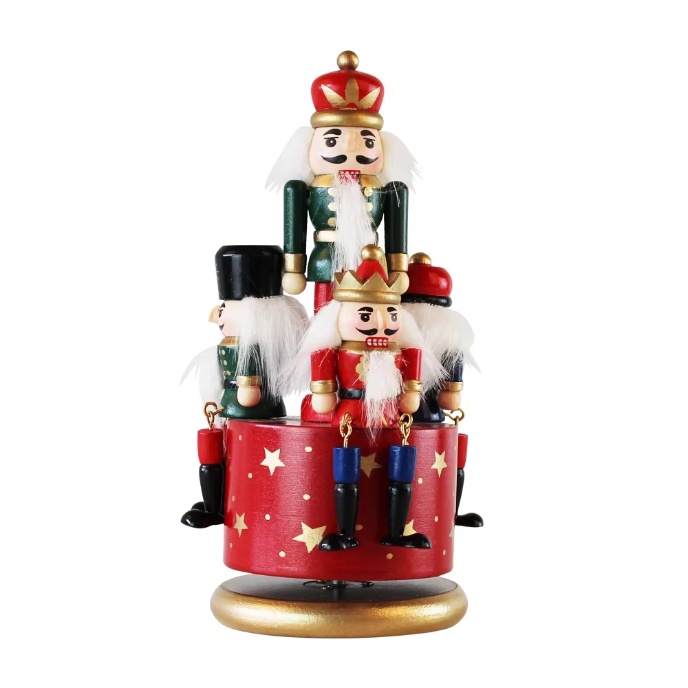 Luxury Indoor Christmas Decorations Rotating Nutcracker with Music Wooden Soldiers Figurine Christmas Figurine & Toy