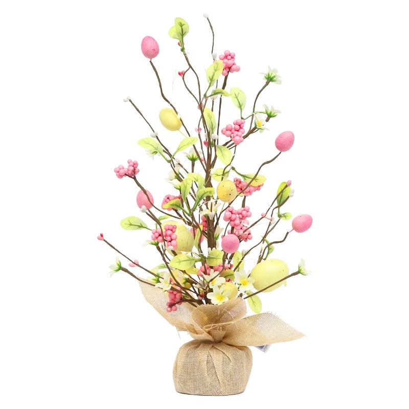 Easter Egg Tree Artificial  Tree Table Ornament with LED Light the Cement Base Is Wrapped with Linen