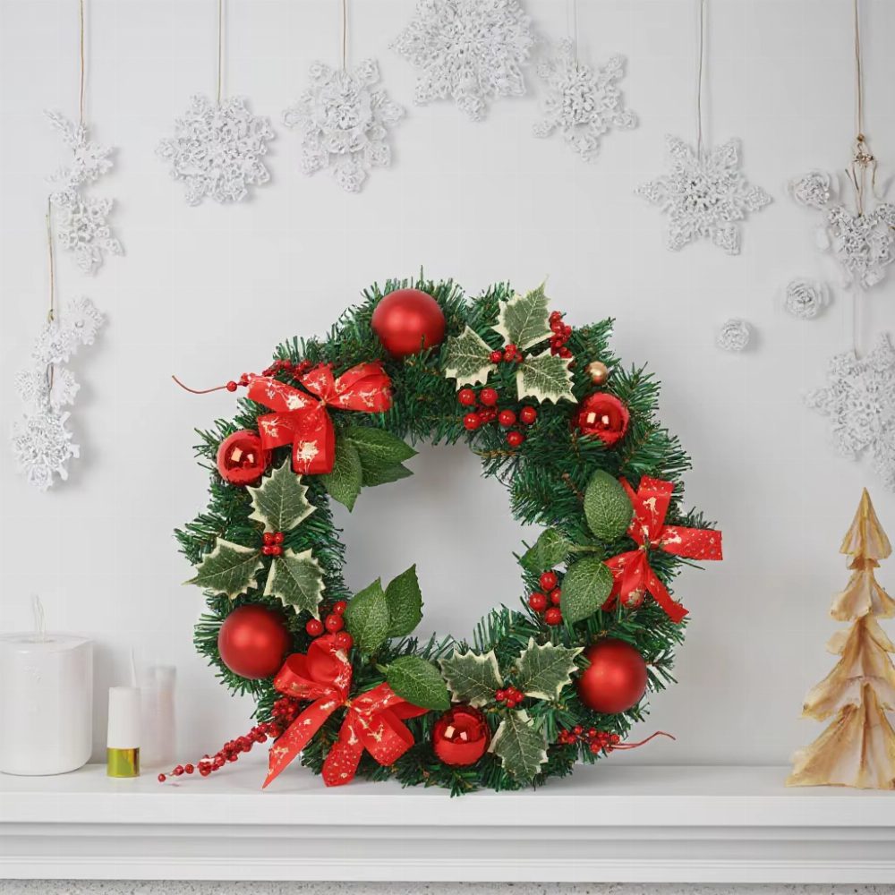 Premium Natural Pine Christmas Garland Wreath with Red Berries and Cones, Handmade Holiday