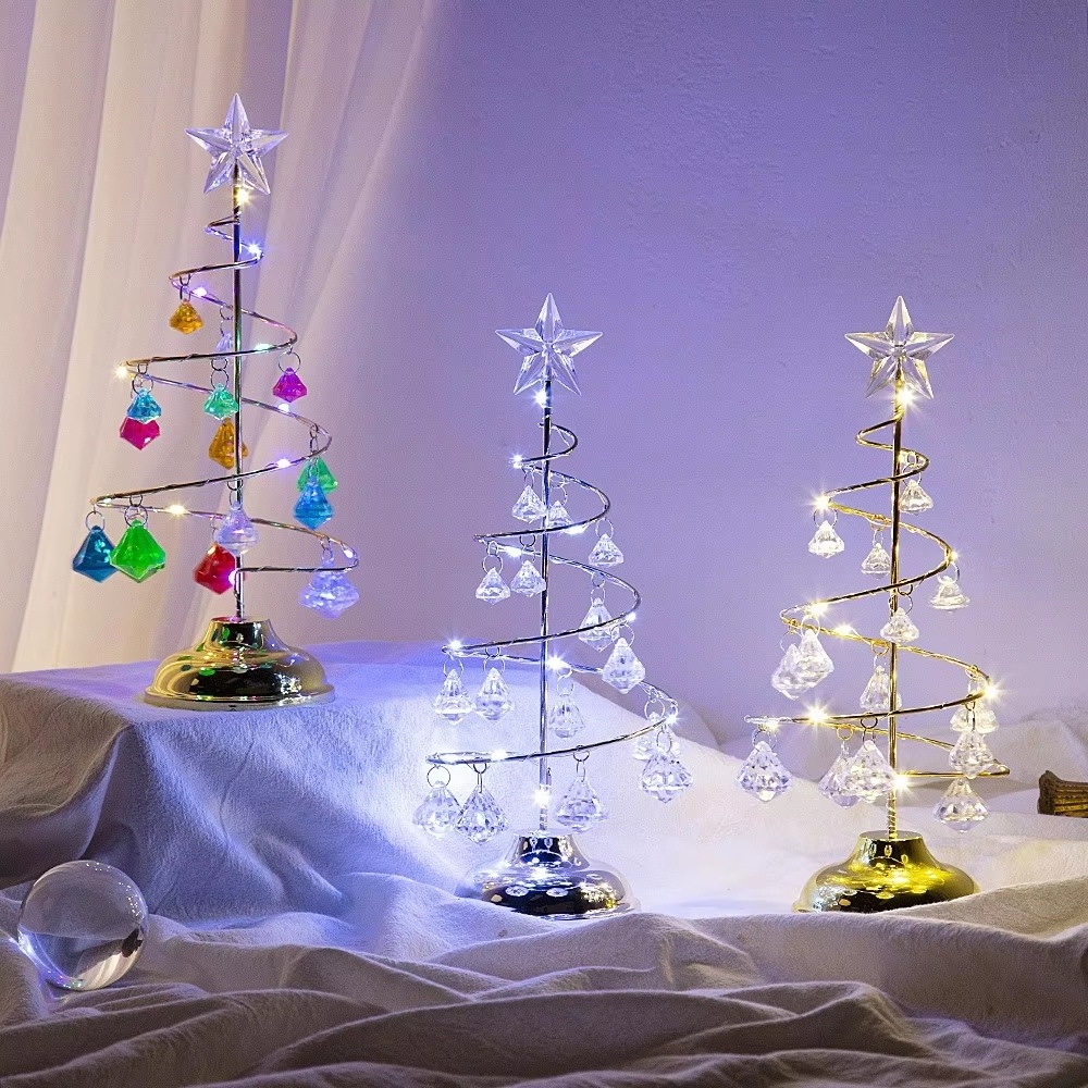 Indoor Iron LED Luminous Crystal Christmas Tree Tabletop Night Lights 7*7*19cm Christmas Gift Decorations