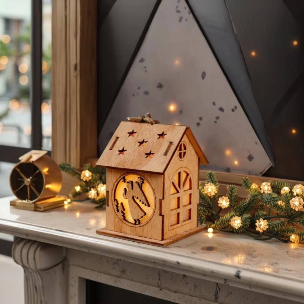 Small Christmas Wooden Light House Ornaments Elegant Wood Light Figures & Toys for Festive Decor