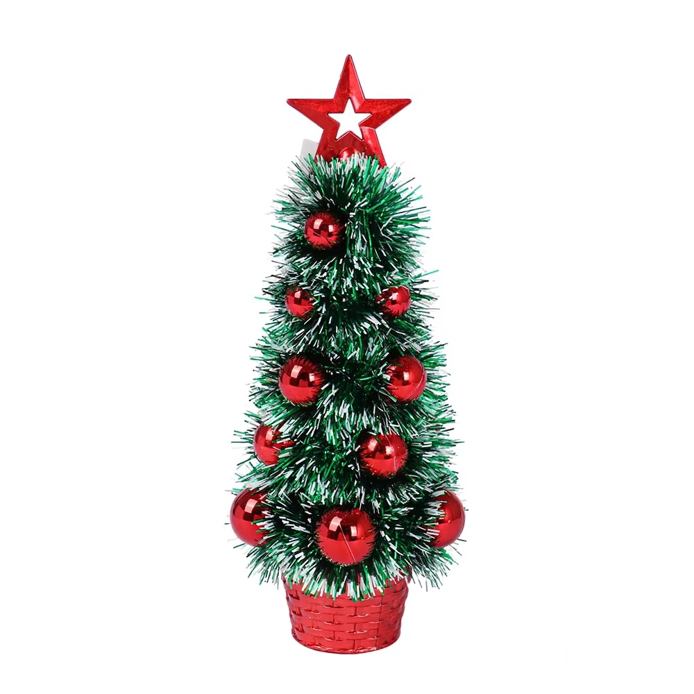 Christmas Mini Tree Decor Tinsel Material Plastic Small Trees with Luxury Shatterproof Ball Indoor Xmas Ornament